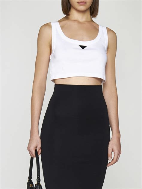 prada crop top weiß|prada nylon off shoulder top.